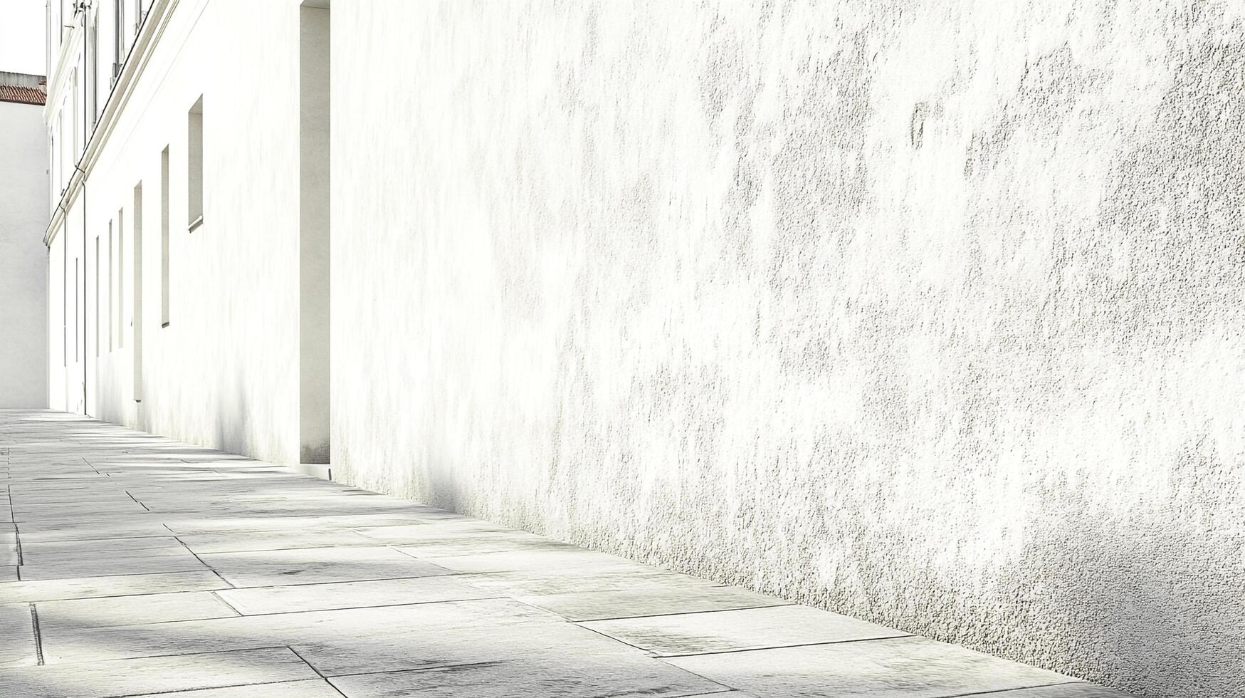 Bright white building facade and pathway with geometric shadows creates a stark and inviting scene for architectural photography. photo