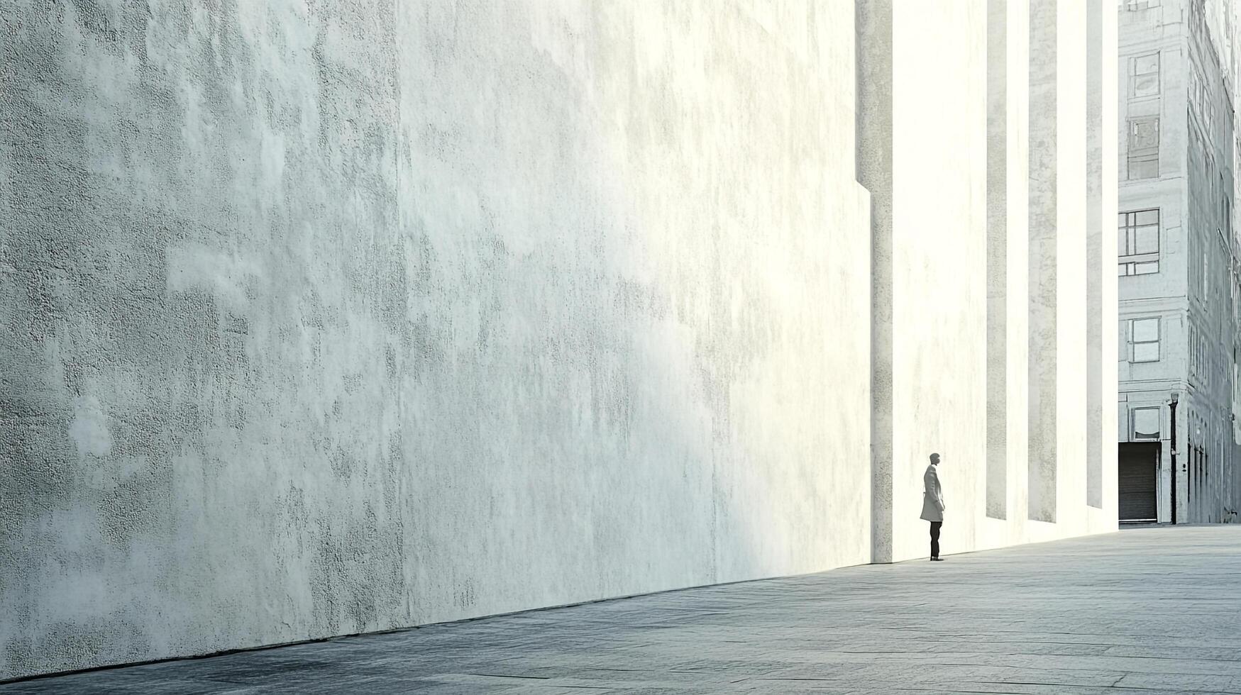Solitary figure stands dwarfed by minimalist architecture, a study in scale and urban isolation. Light and shadow create stark contrasts. photo