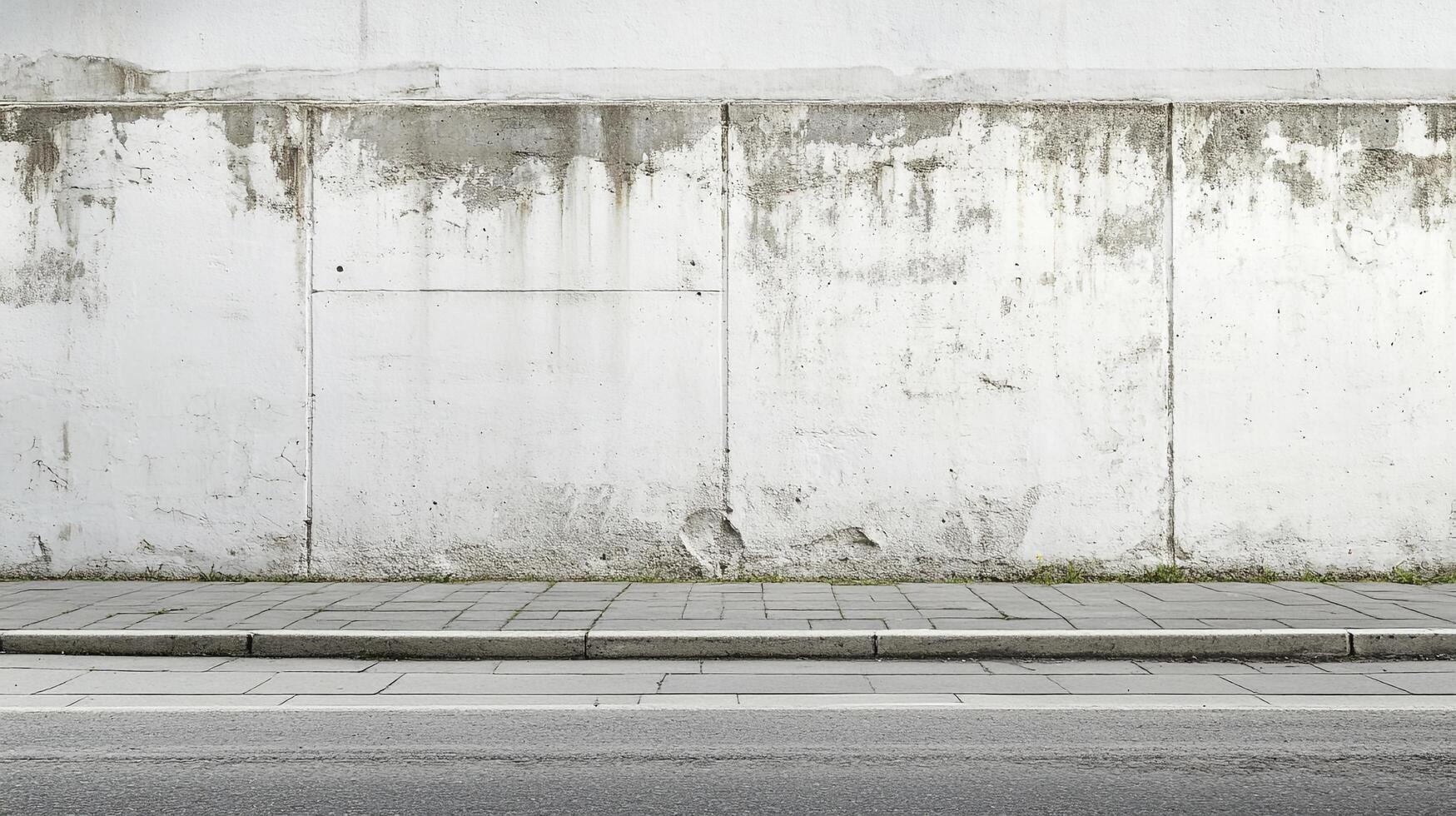 A weathered concrete wall stands adjacent to a pavement and street, offering a textured backdrop with gray hues. Minimalist design prevails. photo