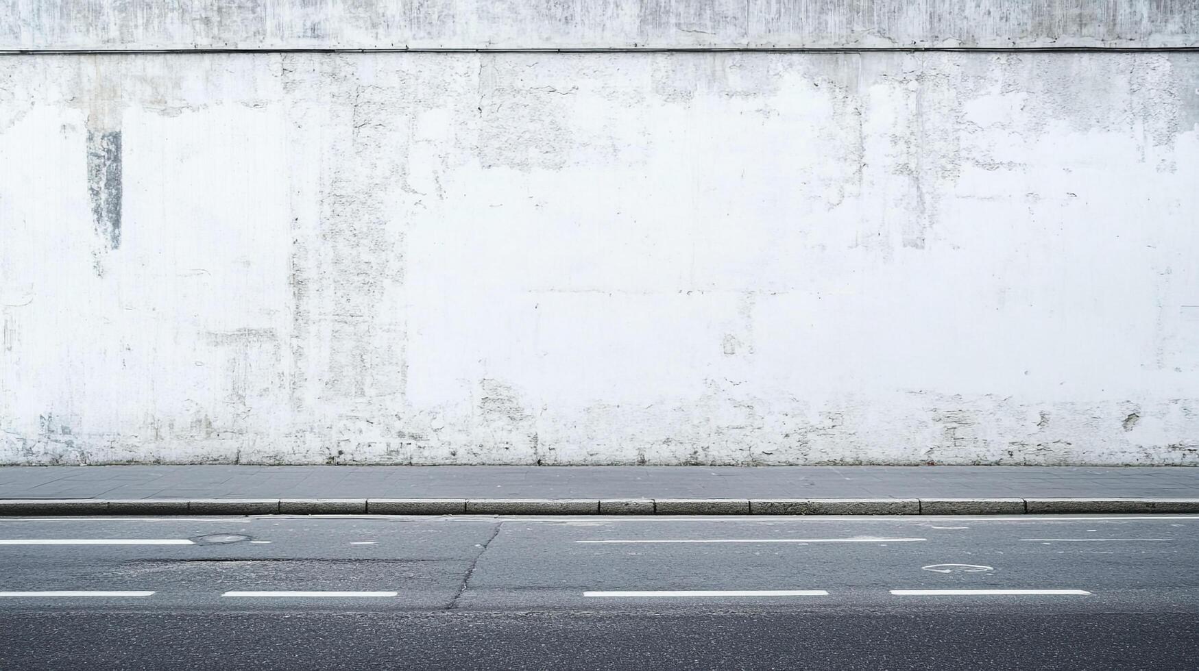 An urban scene featuring a textured white wall, a gray sidewalk, and a dark asphalt road with white lane markings, creating a minimalist cityscape. photo