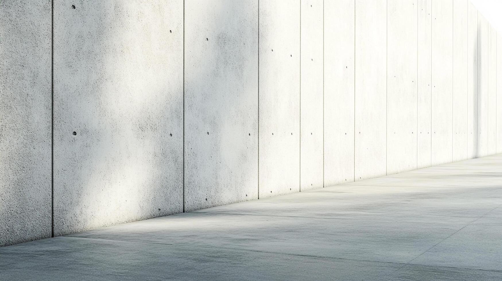 Minimalist architecture featuring a concrete wall and floor bathed in sunlight, creating a stark and clean architectural scene. photo