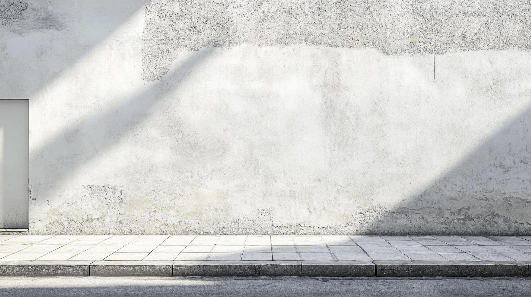 A simple concrete wall with subtle light gradients cast on the aged surface. A doorway and tiled sidewalk add visual interest. photo