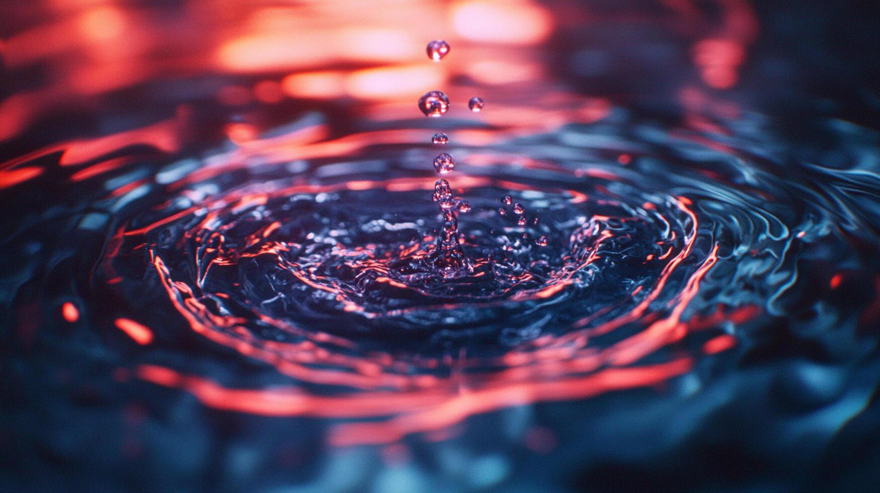 Water droplet impact creates ripples with blue and red lighting, illustrating fluid dynamics and artistic expression with abstract appeal. photo