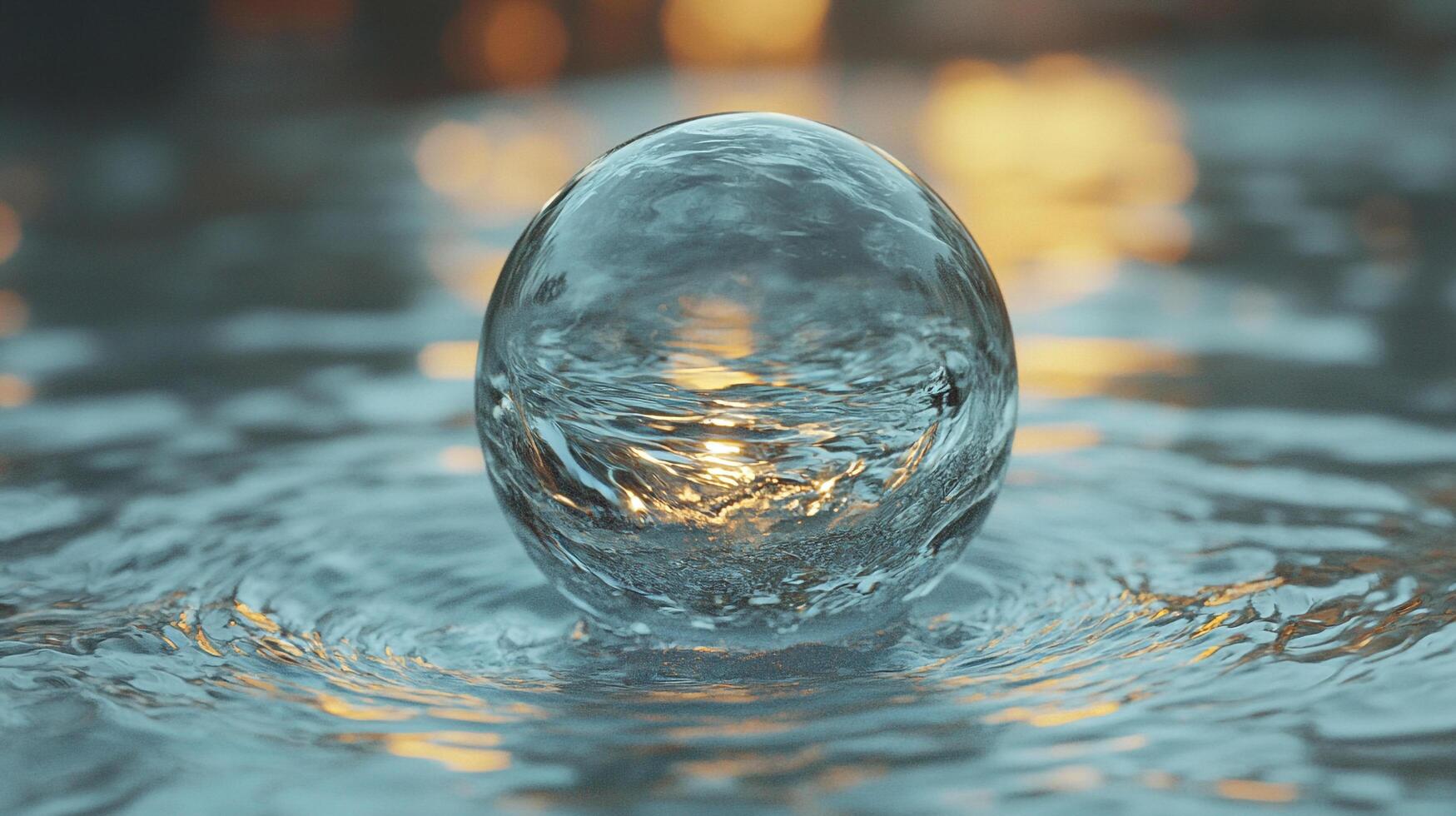 A captivating close-up of a clear water sphere resting on rippling water, reflecting golden sunlight and creating a mesmerizing visual. photo