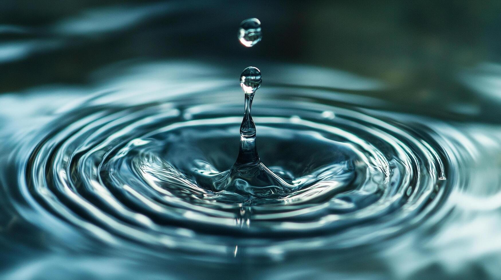 Macro shot of a water drop impacting a calm surface, creating ripples and a splash, highlighted with cool blue and cyan tones. photo