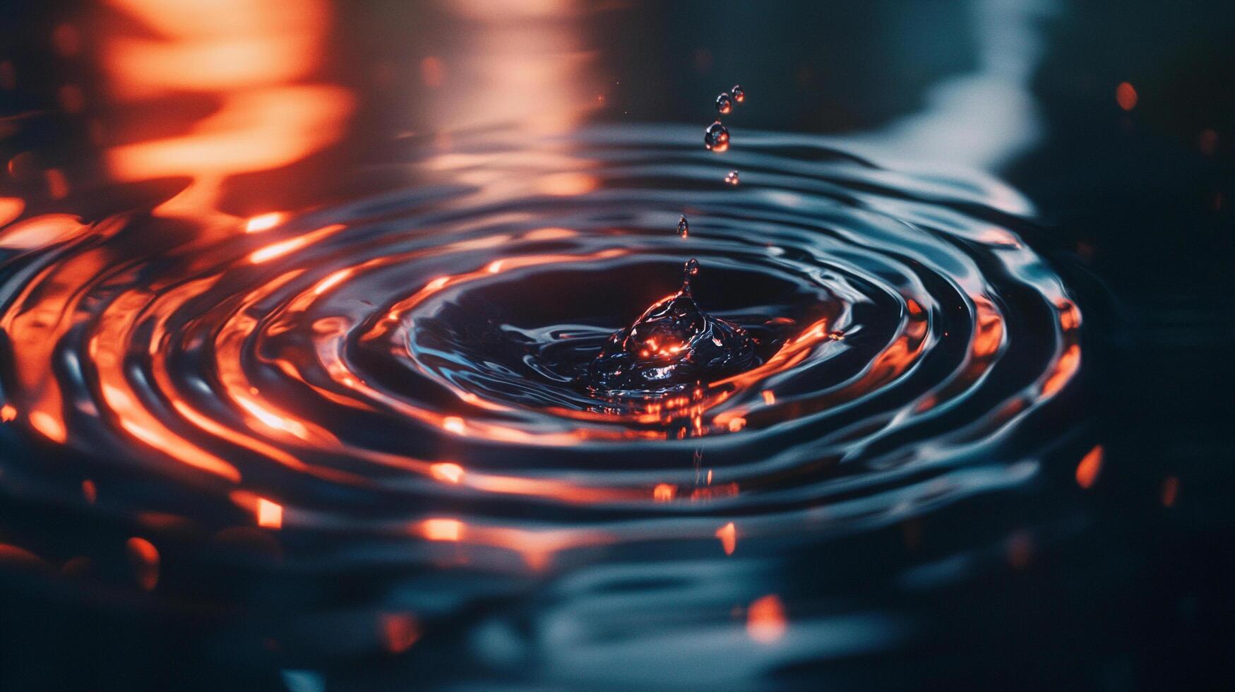 Water droplet impact creating ripples, with red and blue light adding contrast and depth to the fluid's movement. photo
