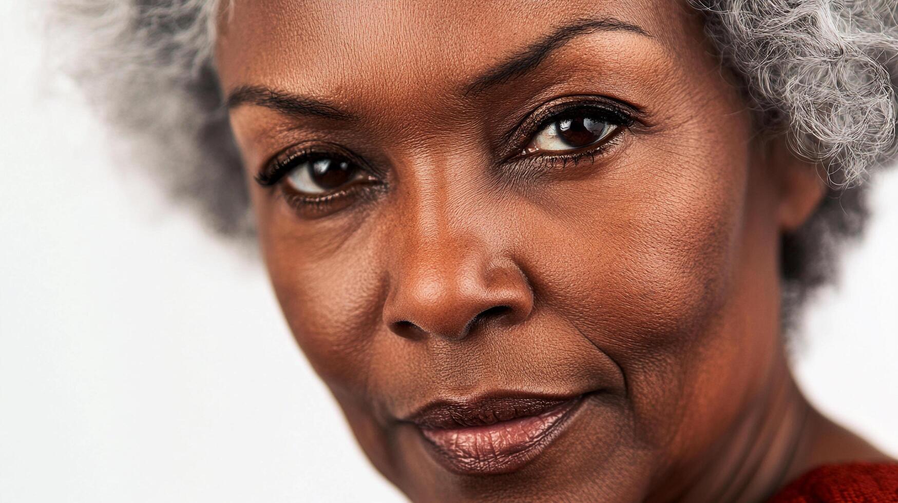 Close-up of a serene woman with salt and pepper hair, radiating wisdom and confidence in a minimalist white setting. photo