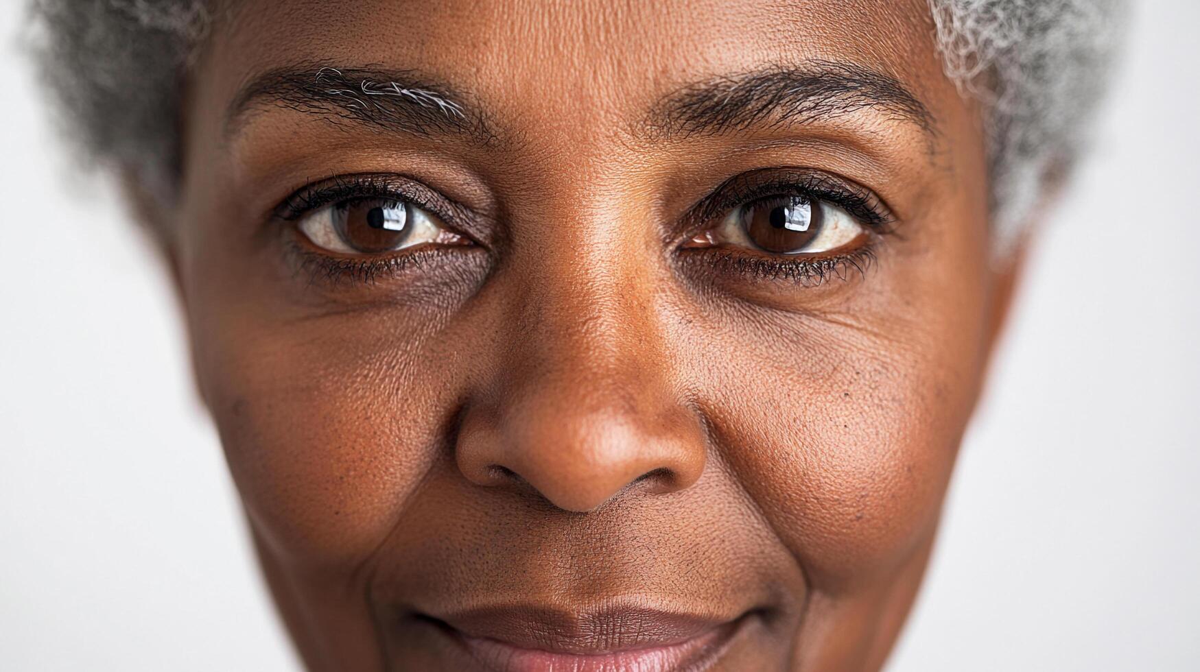 Close-up portrait of a woman with a gentle smile, showcasing warm eyes and graceful aging. Serene and inviting expression. photo