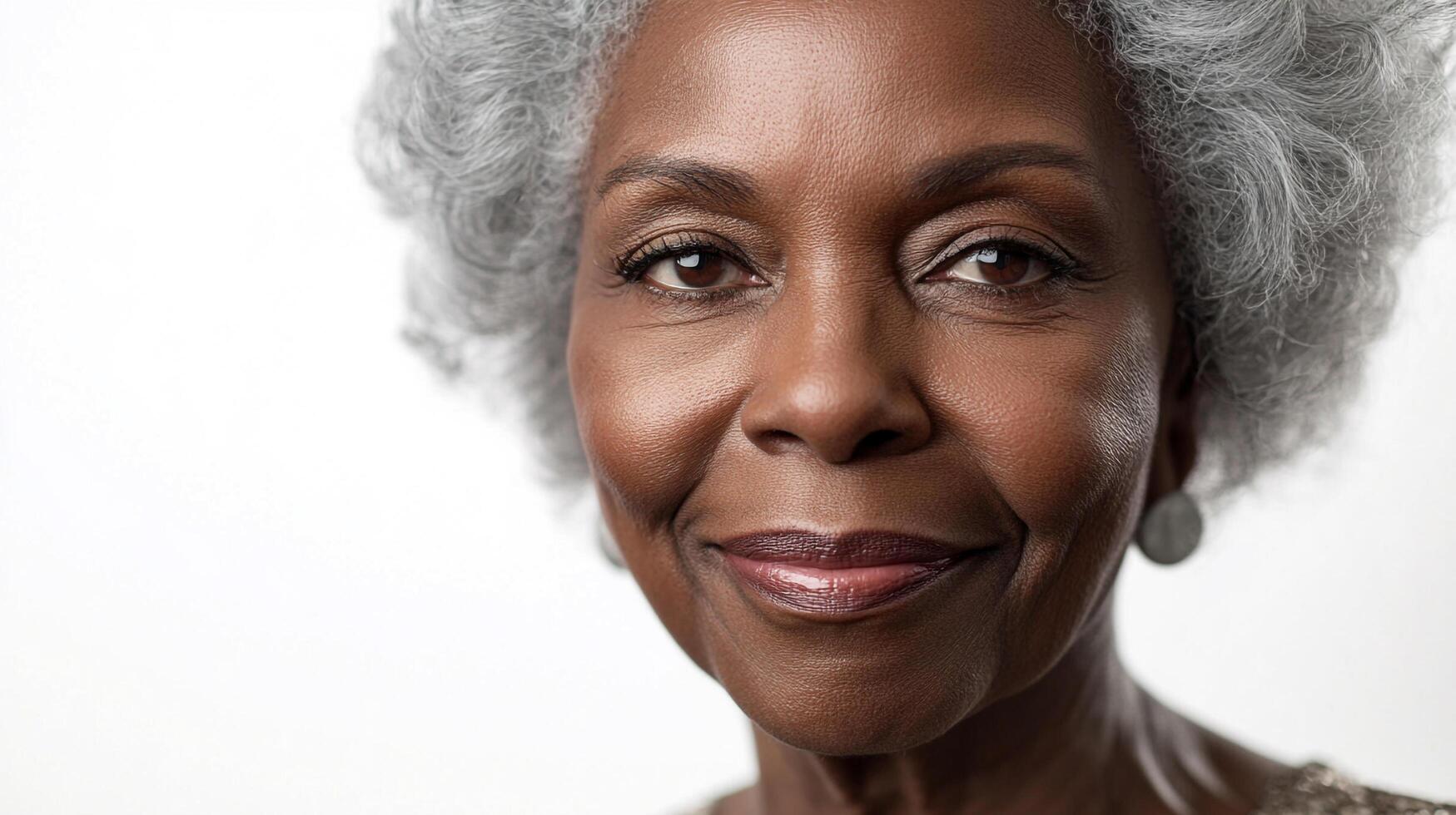 Portrait of a graceful older woman with gray curly hair, radiating warmth and confidence against a bright background. photo