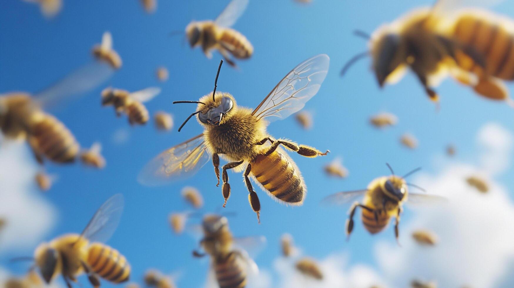 Bees fly against a vibrant blue sky with fluffy white clouds, creating a lively buzz in the air. Macro shot. photo