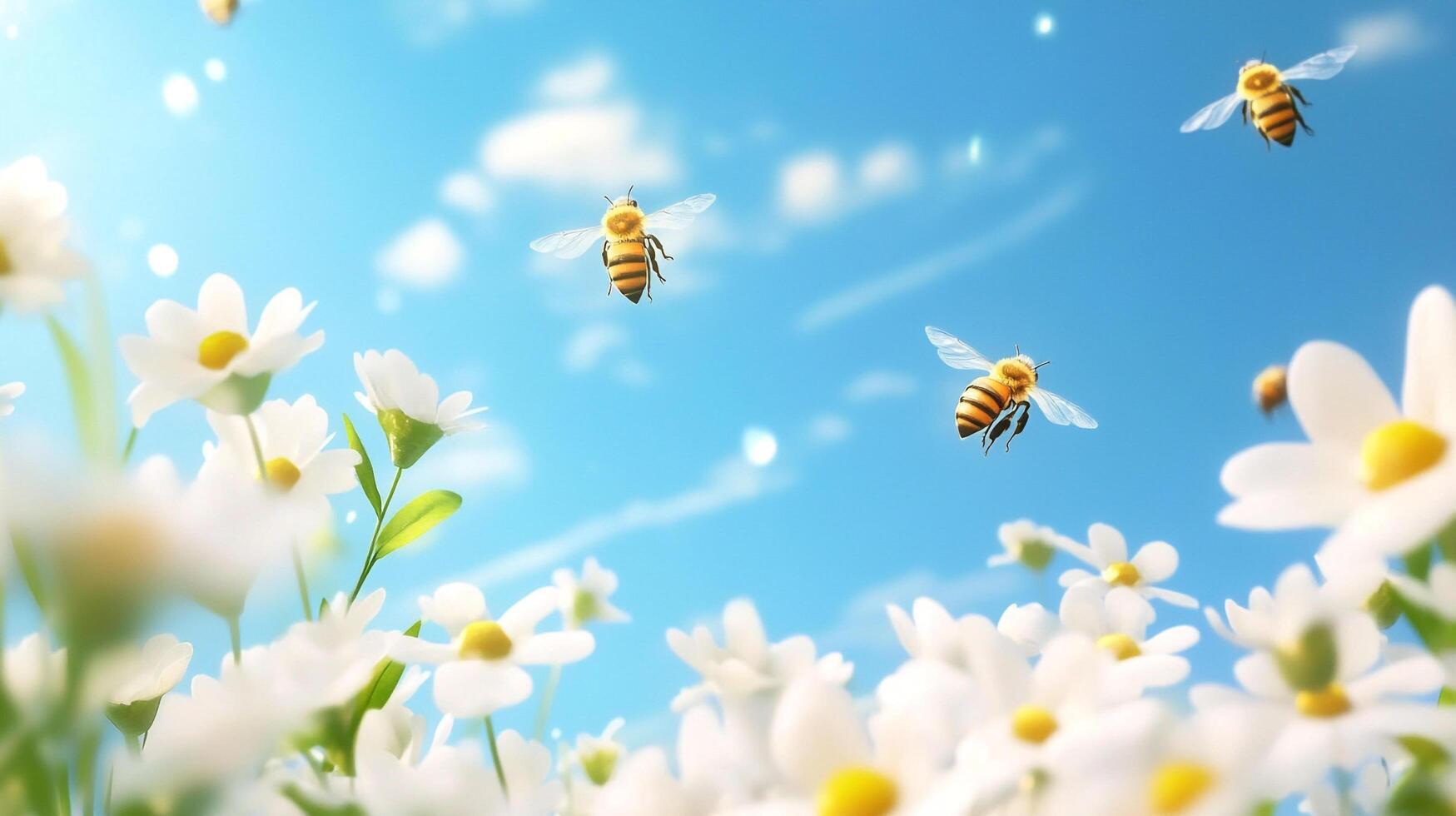 Bees buzzing around daisy flowers against a clear blue sky, creating a vibrant, cheerful scene full of life and natural beauty. photo