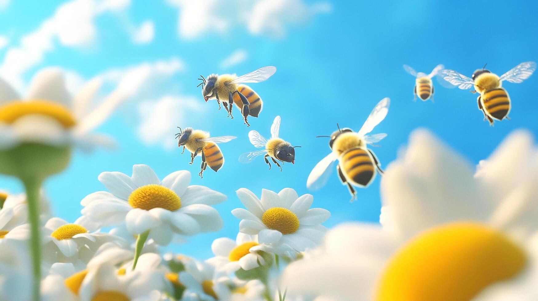 Bees buzz among daisies on a bright day, pollinating the flowers under a blue sky dotted with fluffy clouds in a field of wildflowers. photo