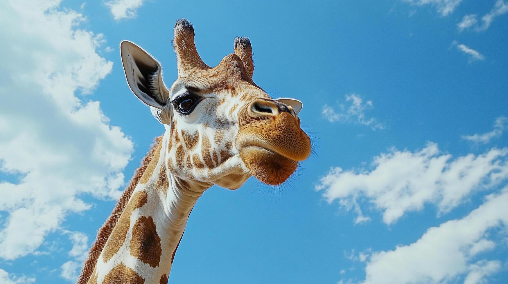 A giraffe gazes upward, showcasing its striking pattern against a serene blue sky dotted with fluffy white clouds on a sunny day. photo