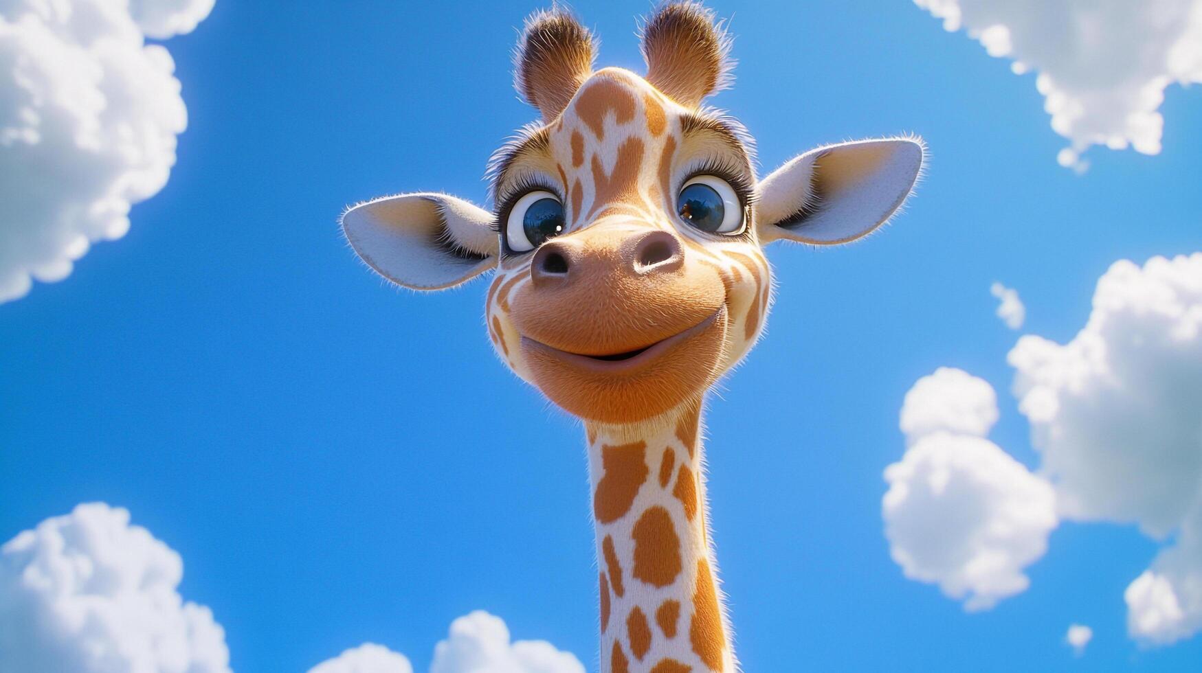 A cartoon giraffe's head and neck reach up toward the blue sky, dotted with fluffy white clouds. The giraffe smiles at the viewer. photo