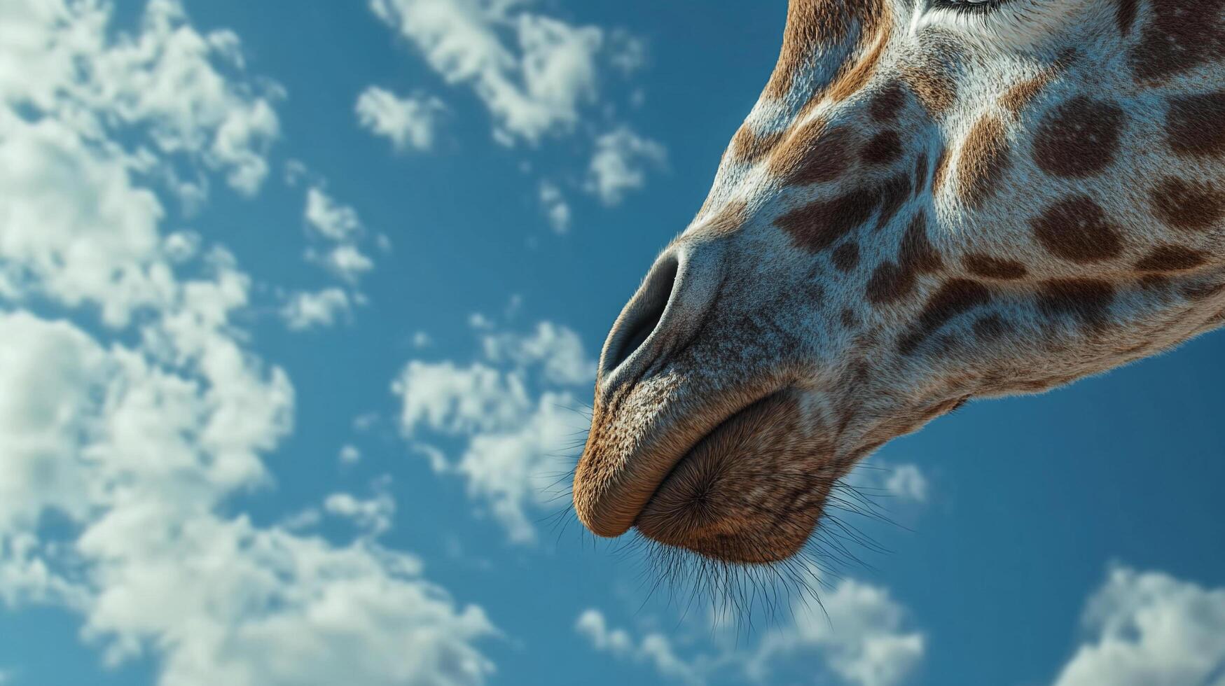 Close-up of a giraffe's head and face against a backdrop of blue skies and fluffy white clouds, emphasizing its unique features and majestic presence. photo