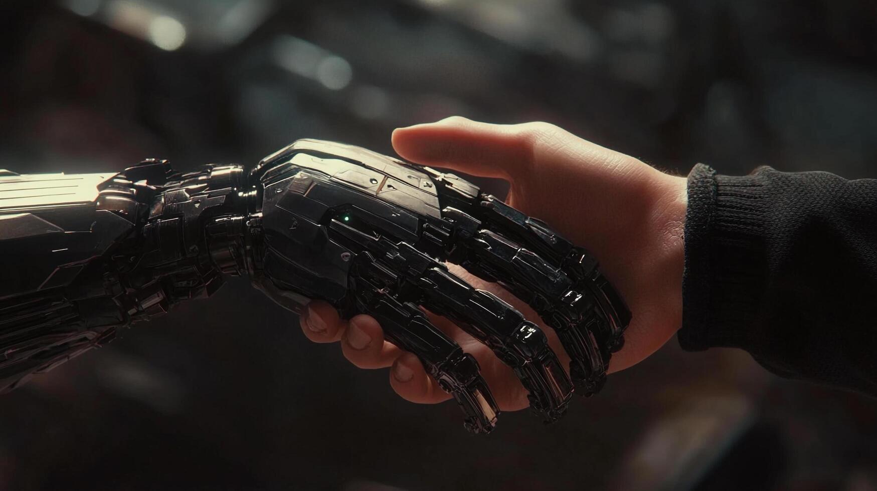 A human hand clasps the metallic hand of a robot, symbolizing connection and technological advancement. The handshake shows partnership. photo