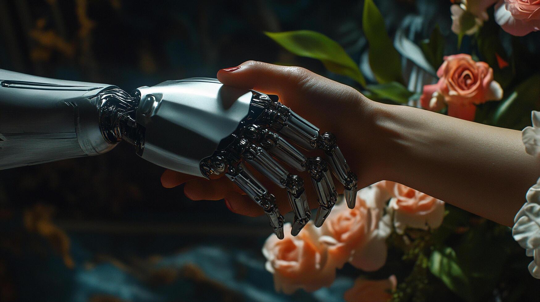 A symbolic handshake between a human and a robot, set against a backdrop of blooming flowers, signifies a union of technology and nature. photo