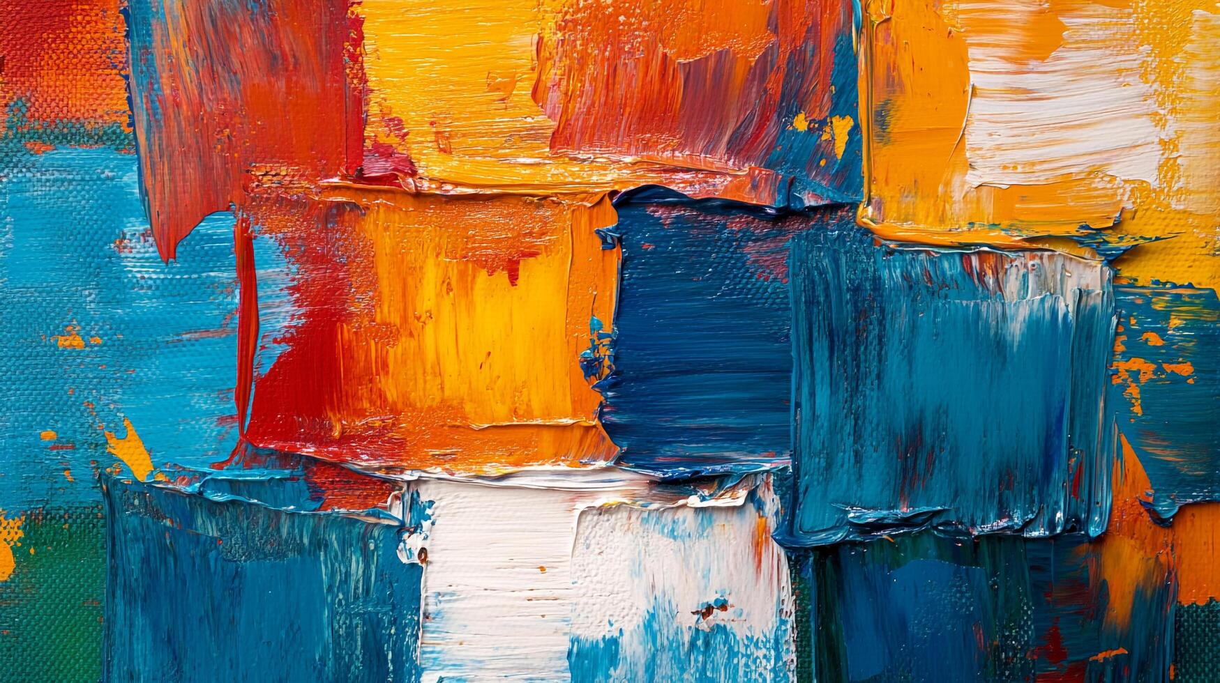 A vibrant abstract painting showcasing bold strokes of orange, blue, yellow, and white, creating a textured mosaic pattern. photo