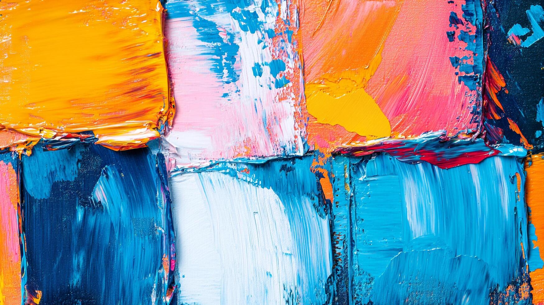 Abstract art featuring thick, textured brushstrokes of vibrant colors in a square pattern, creating a visually engaging composition. photo