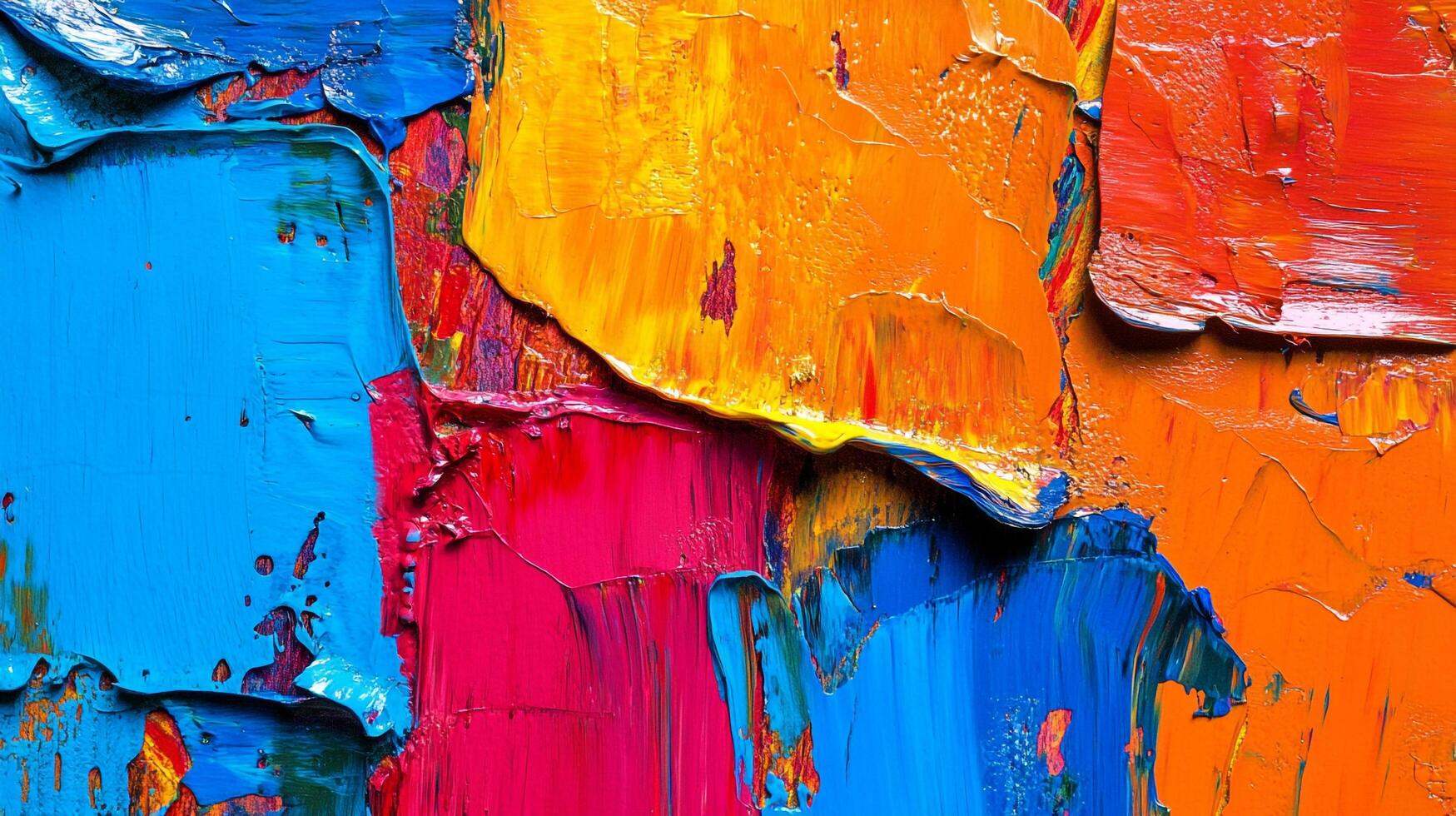 A vibrant and textured abstract painting featuring bold strokes of blue, pink, orange, and yellow creating a visually stimulating effect. photo