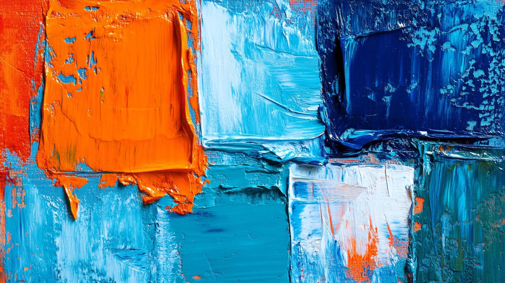 Abstract painting showcasing thick brushstrokes of vibrant orange, blues, and white, creating a textured and dynamic visual artwork. photo