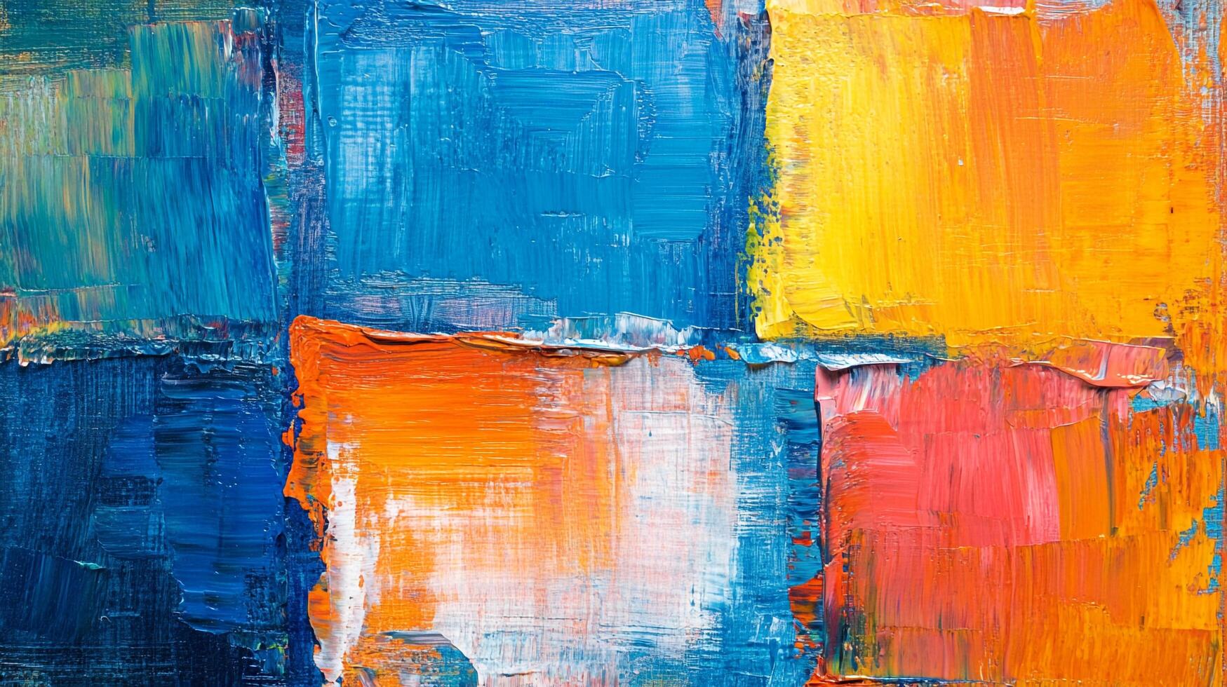 A vibrant abstract painting featuring bold strokes of blue, orange, yellow and pink, creating a textured and colorful composition. photo