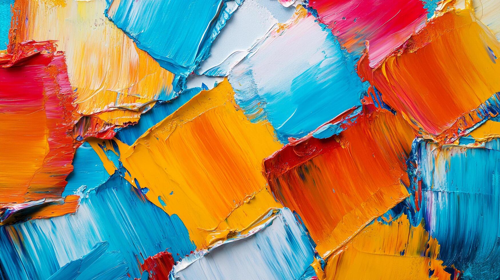 A vibrant, textured painting bursts with energetic hues. Thick, visible brushstrokes create a dynamic surface of color. Abstract art display. photo