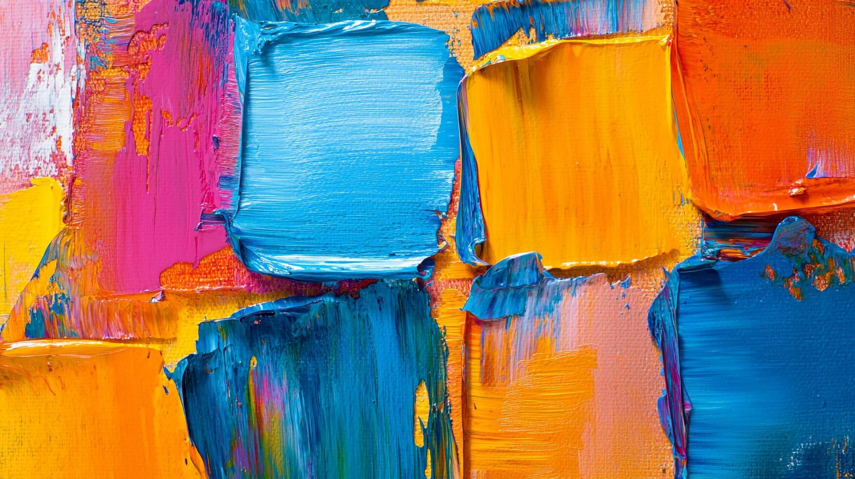 An abstract oil painting with square textured blocks of blue, pink, orange and yellow, conveying color and bold brushwork. photo