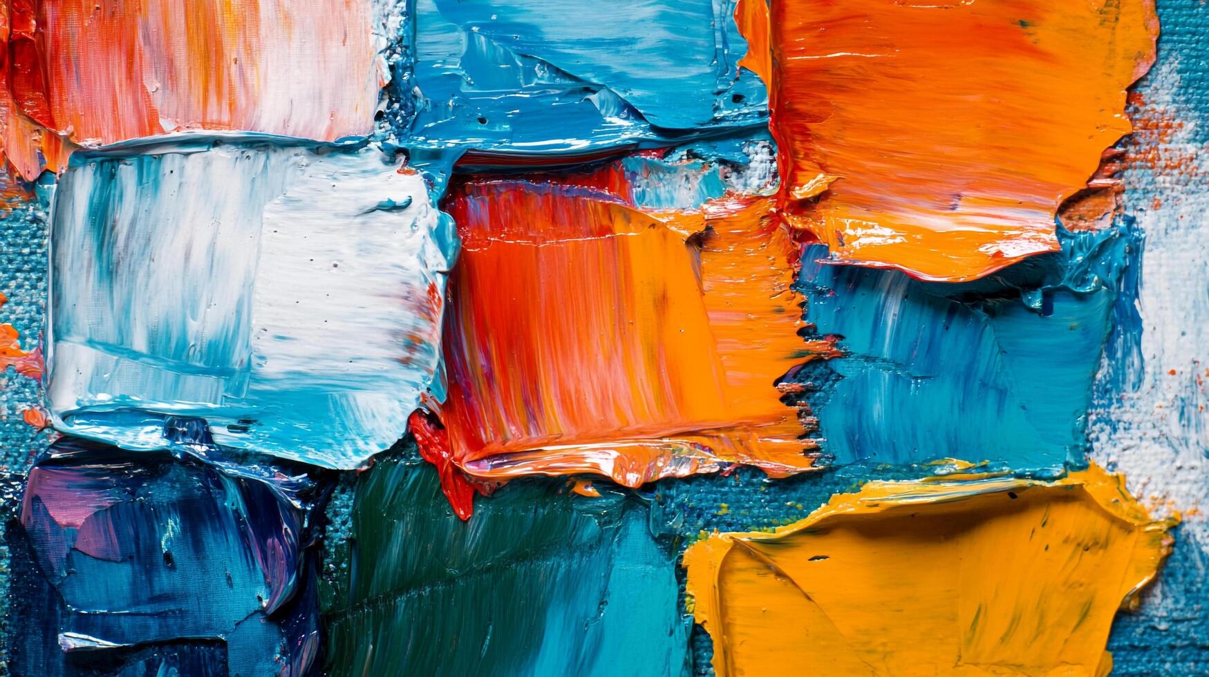 A vibrant mosaic of thick paint strokes in contrasting hues, showcasing a textured and layered abstract design. Bold colors captivate. photo
