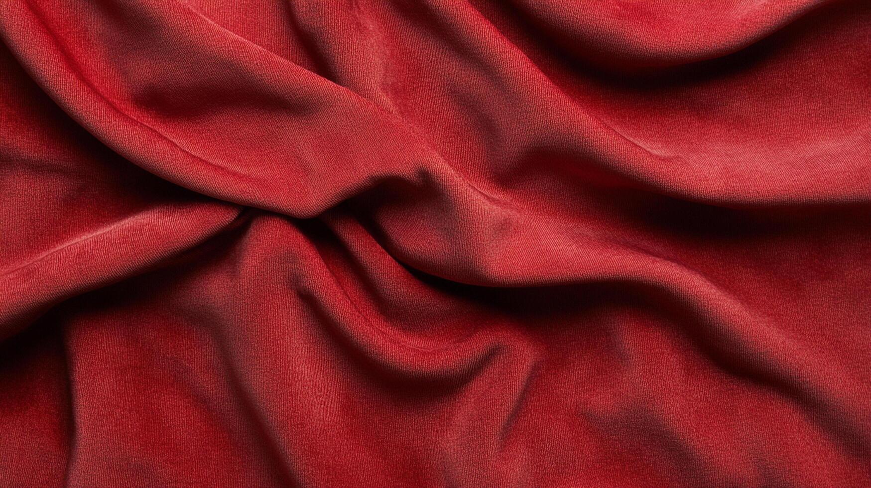Crimson textile elegantly draped, soft folds creating depth. Rich red hue invites touch, a captivating visual texture. Ideal for design concepts. photo