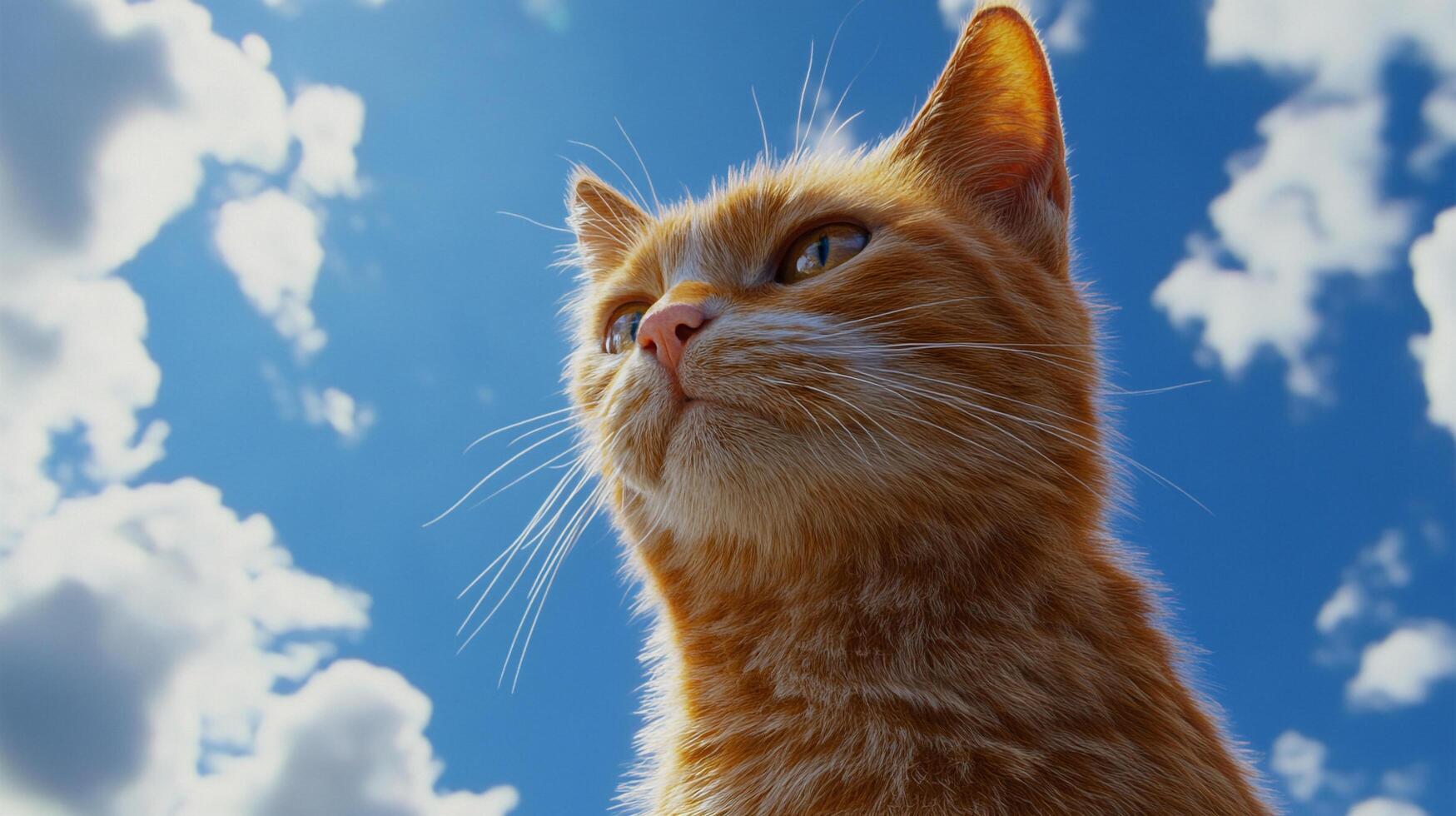 A regal orange tabby cat looks upwards towards a bright, vibrant sky filled with fluffy white clouds, exuding a sense of wonder and tranquility. photo
