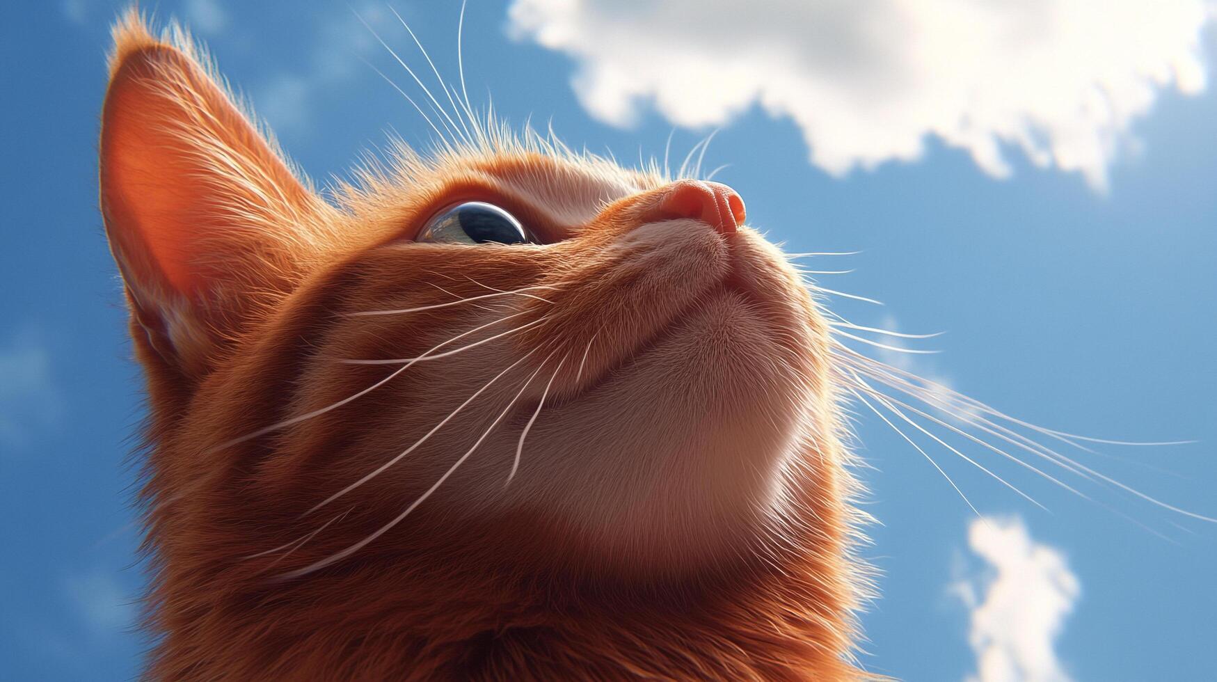 A ginger cat gazing upward against a vibrant blue sky dotted with fluffy white clouds, capturing a moment of feline curiosity. photo