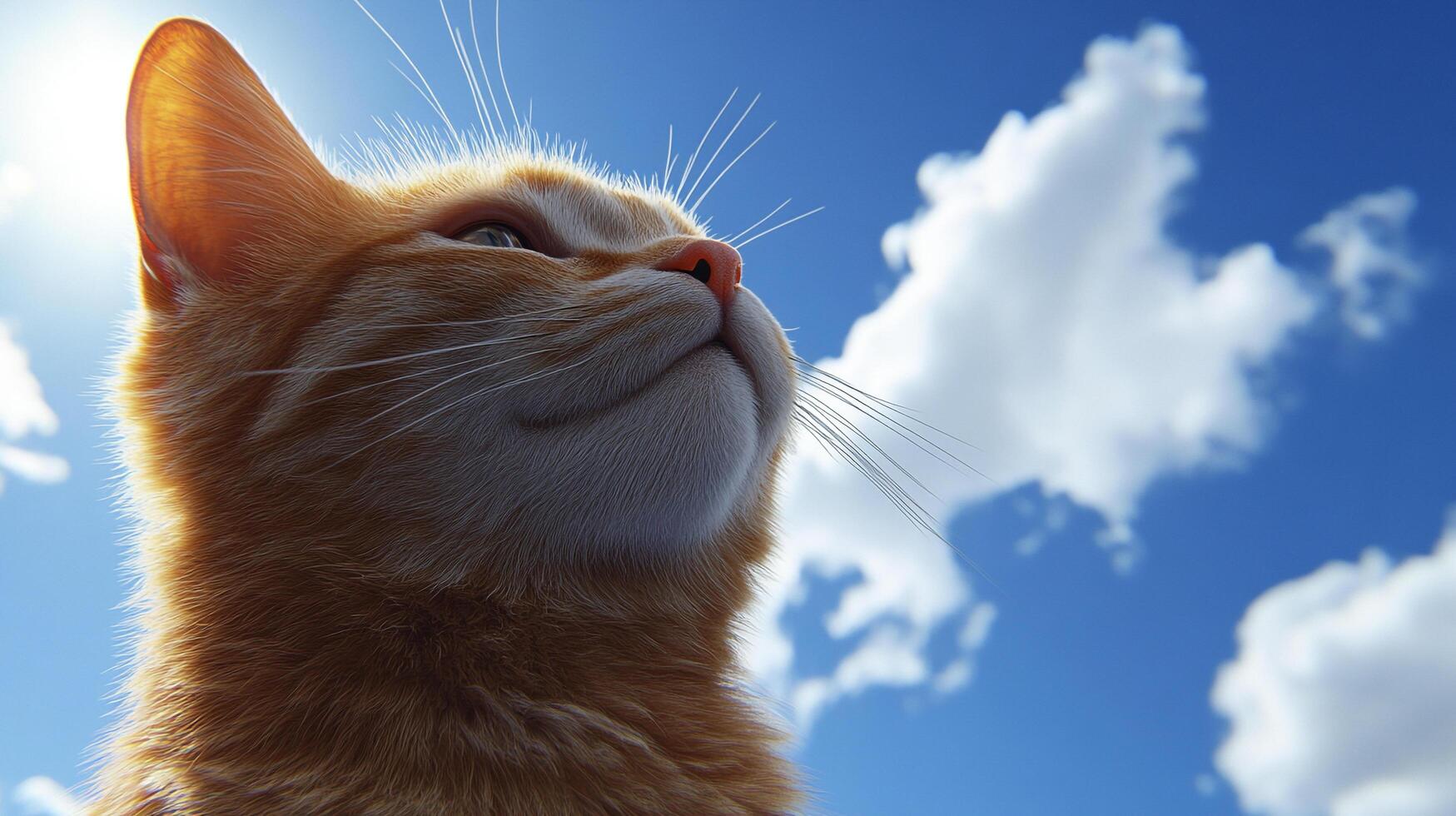 Ginger cat gazes skyward, sunlit fur glowing, with a backdrop of blue sky and fluffy white clouds, creating a serene and peaceful scene. photo