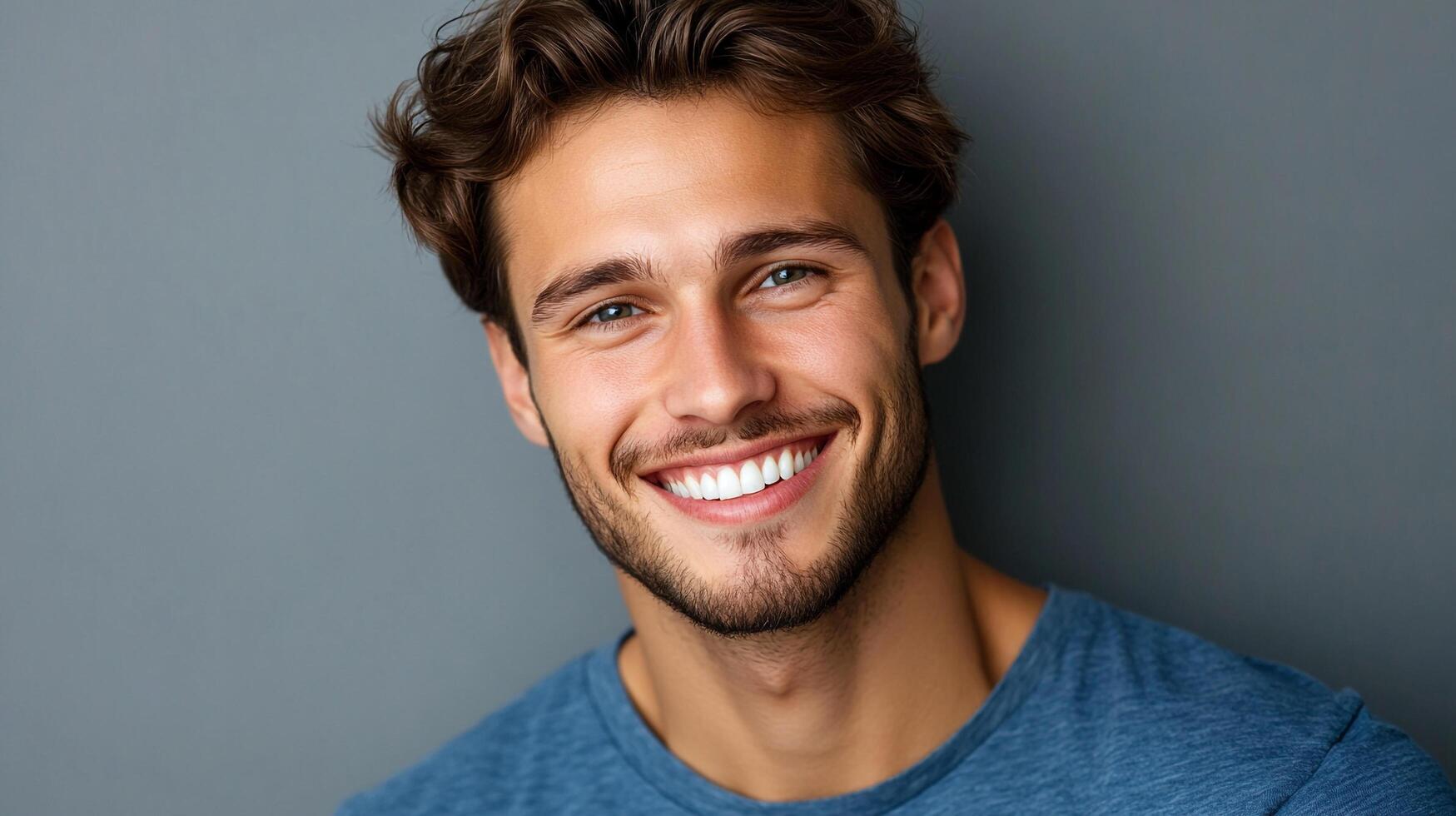 Portrait of a smiling man. He has wavy brown hair, a beard and is wearing a blue t-shirt against a grey backdrop. He looks happy and confident. photo