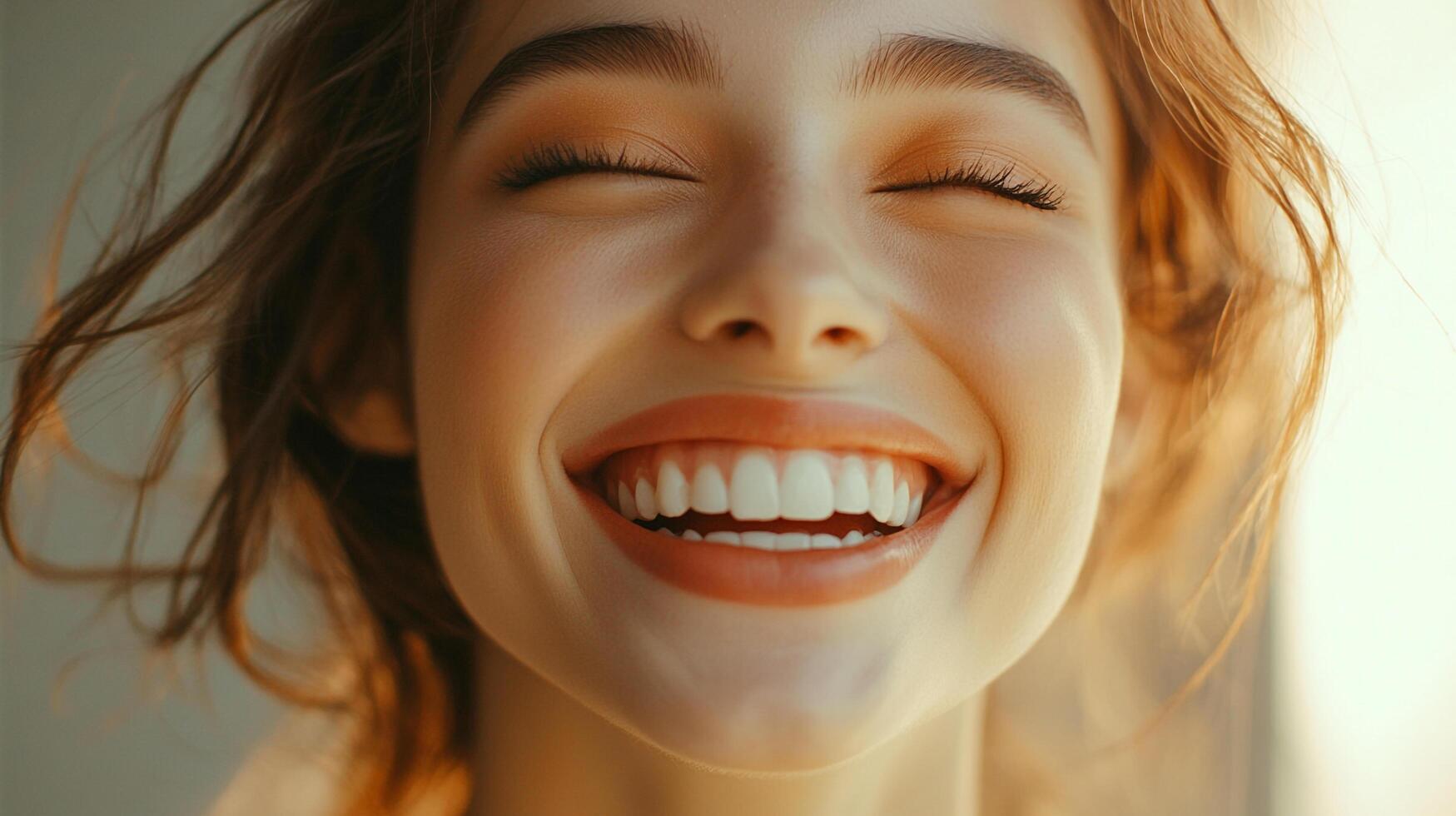 Radiant joy captured in a smile. Eyes closed, heart open, she's the picture of pure happiness. Feel the warmth of her captivating energy. photo