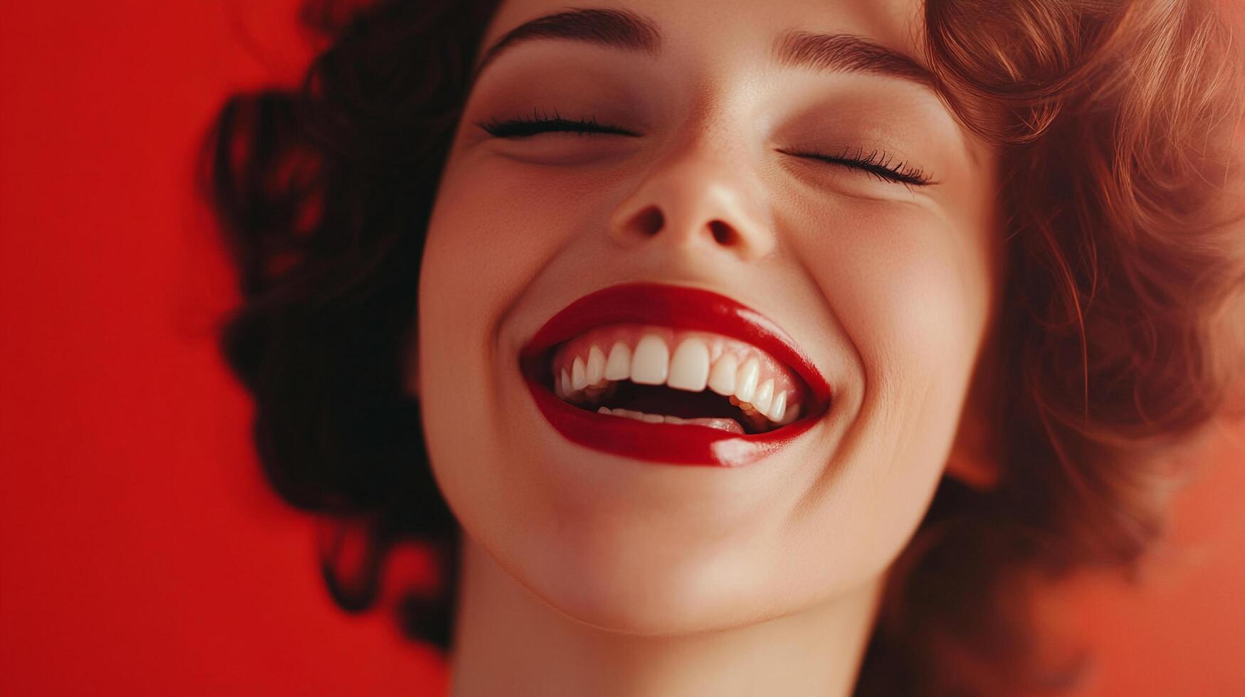 Close-up of a smiling woman with dark hair and red lipstick, eyes closed, against a red background, showcasing joy and positivity. photo