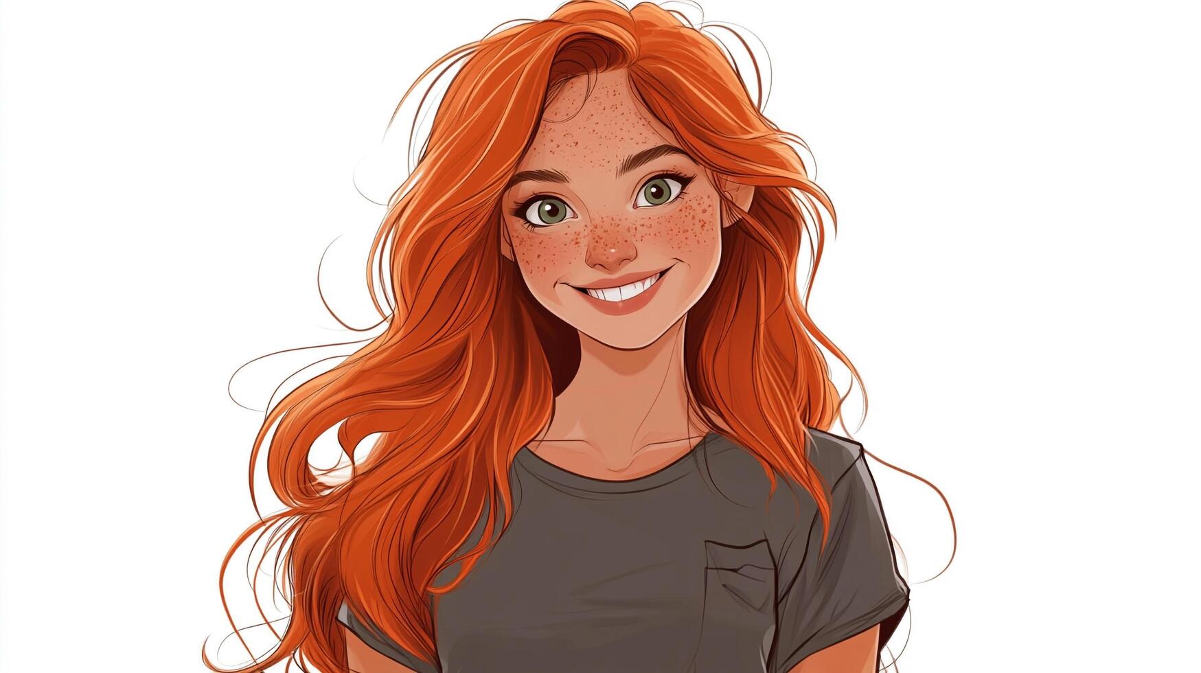 Smiling redhead girl cartoon on white background. Freckles, green eyes, and a gray shirt complete her charming appearance. photo