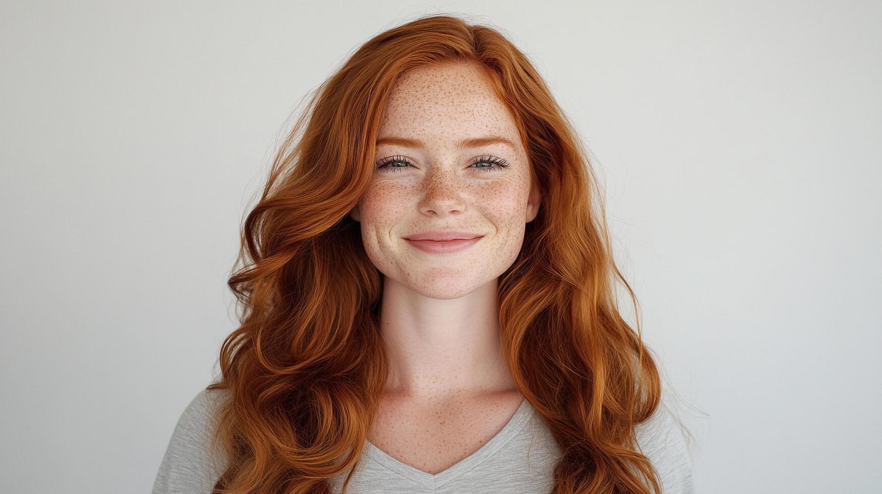 Portrait of a beautiful woman with freckles and red hair smiling gently against a neutral backdrop, radiating natural charm and confidence. photo