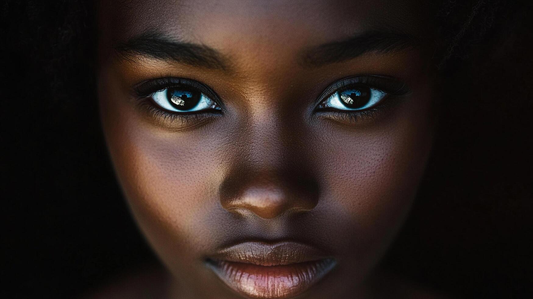 Striking portrait showcasing intense gaze. Intricate detail of the model's features is illuminated against a deep, dark backdrop. photo