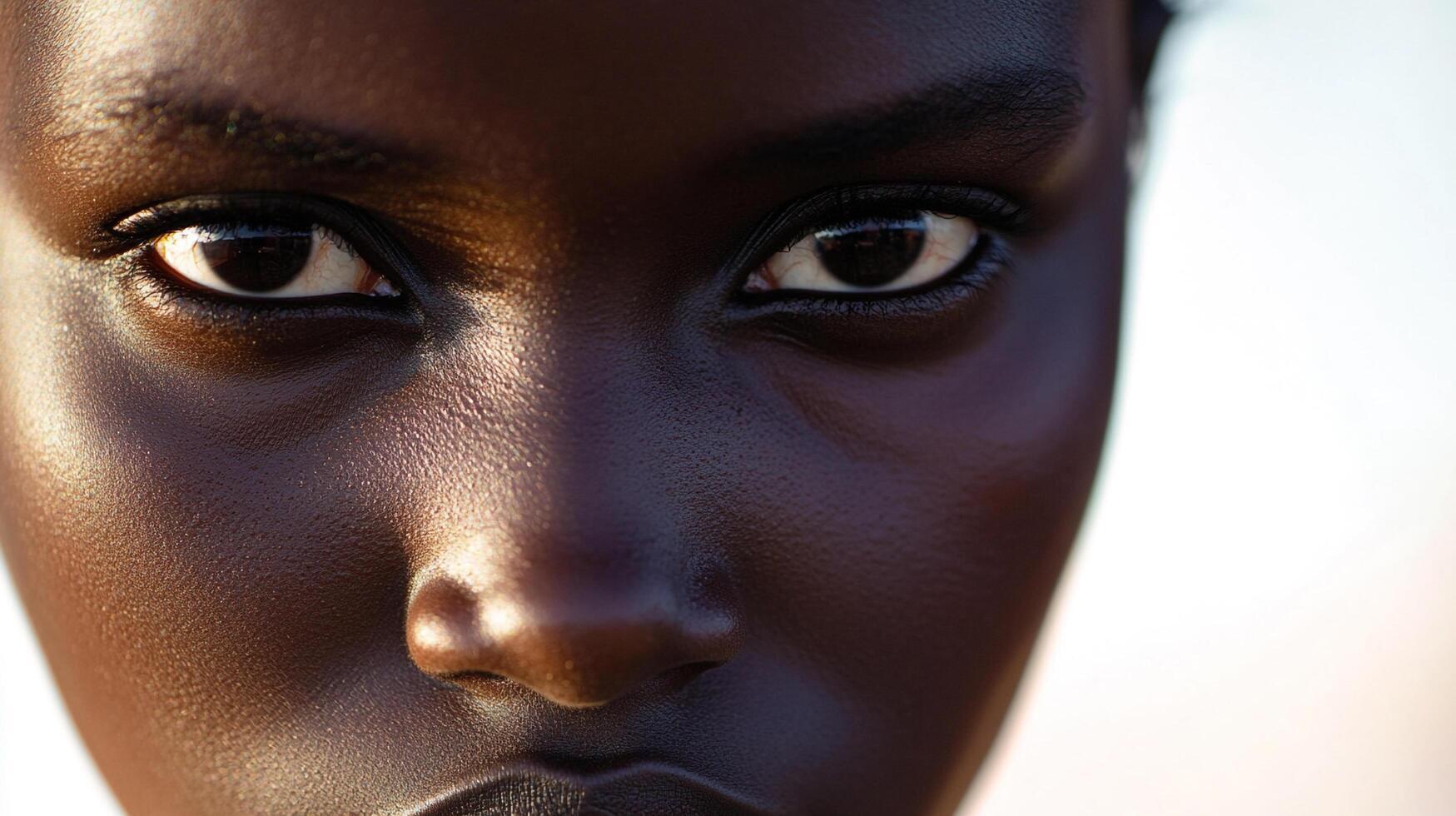 A close-up shot capturing the intense gaze of a model with deep skin. The focus is on her eyes, conveying depth and emotion. photo