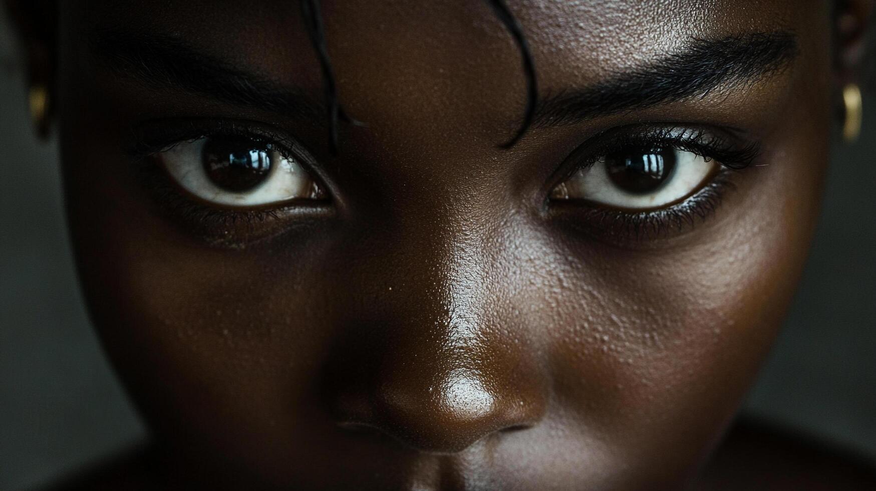 Intense gaze pierces through, dark skin glistening with moisture, eyes revealing depth. A moment of raw emotion, capturing the soul's beauty. photo