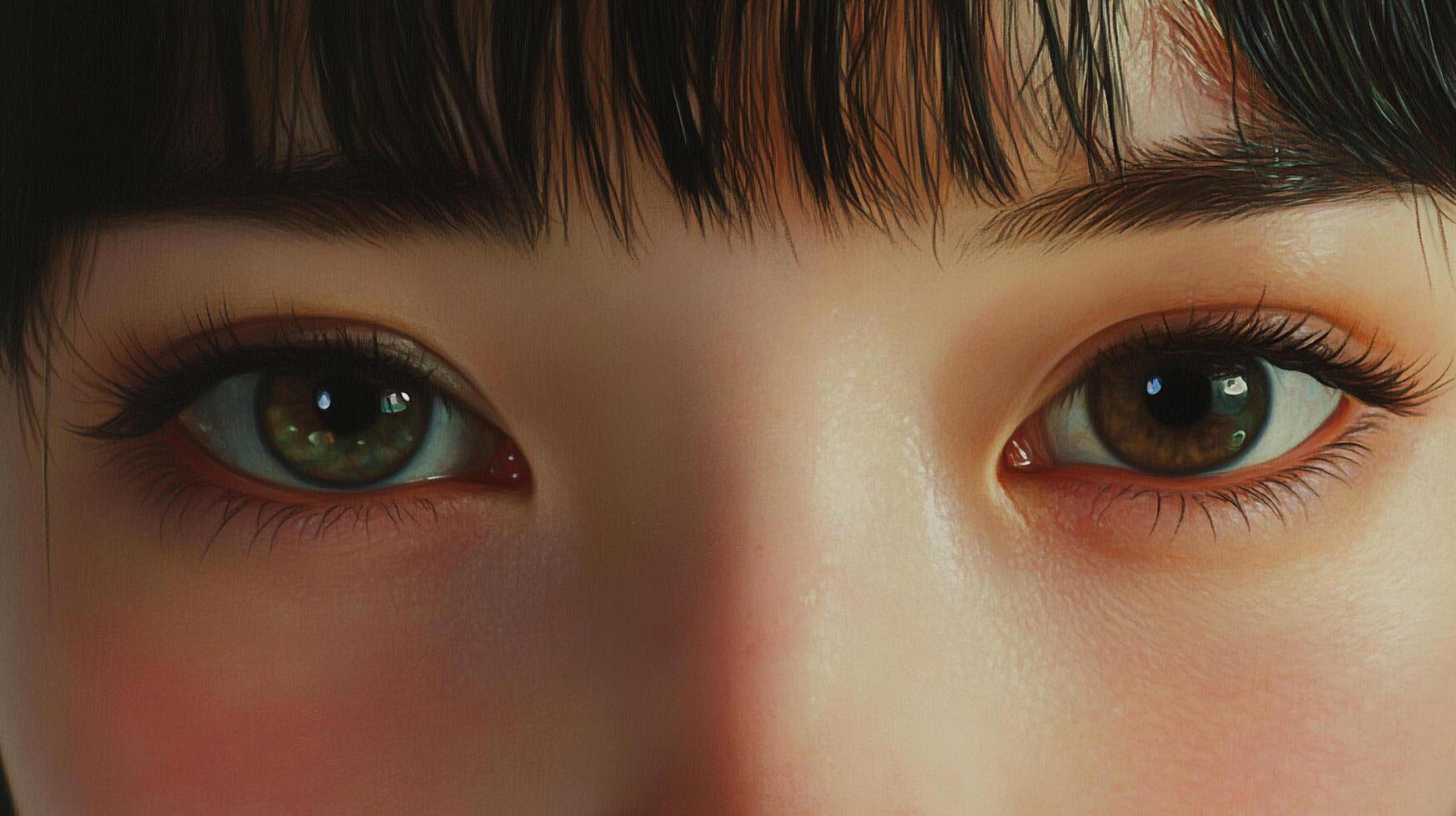 Close-up showcases captivating eyes, one hazel and one brown. The skin has a youthful look. Black bangs are visible. The light adds drama. photo