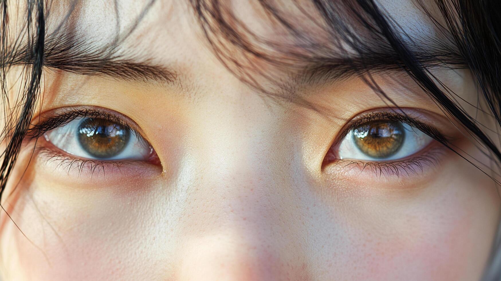 A close-up of a person's face, focusing on the pair of eyes, showcases beauty through warm lighting and intricate detail. photo