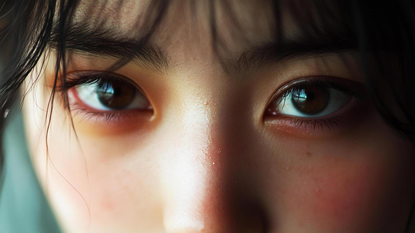A close-up shot focusing on the eyes of a young woman, highlighting her delicate features and the serene expression in her eyes. photo