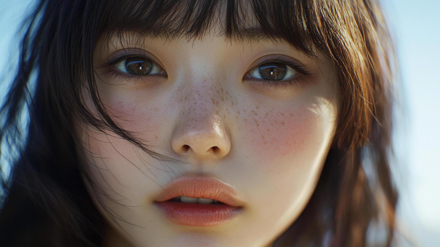 Close-up portrait of a young woman with warm brown eyes, freckles, and dark hair. The soft, natural light highlights her features. photo