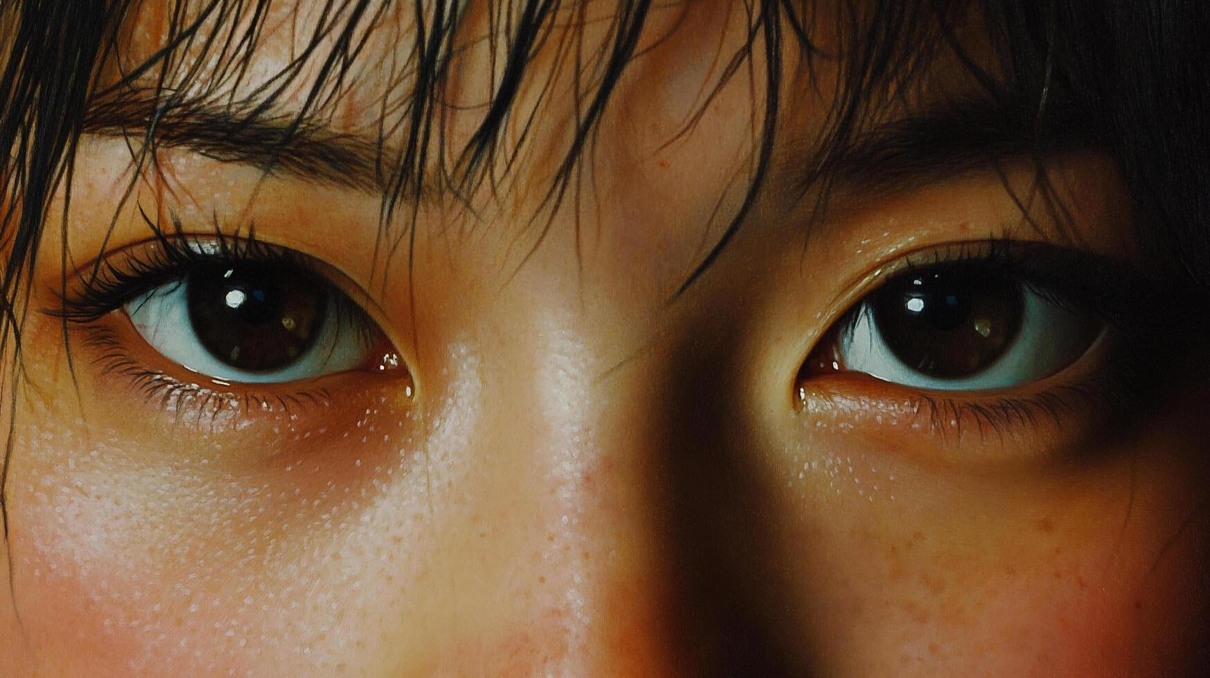 A close-up reveals a pair of striking, intensely focused brown eyes, framed by wet dark hair, offering a glimpse into a soul. photo