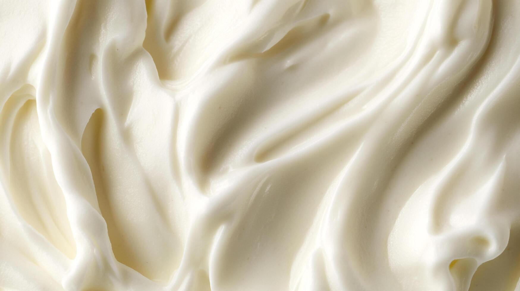 An overhead close-up shot of rich, creamy white frosting. The texture is smooth and glossy, with swirling patterns catching the light. photo