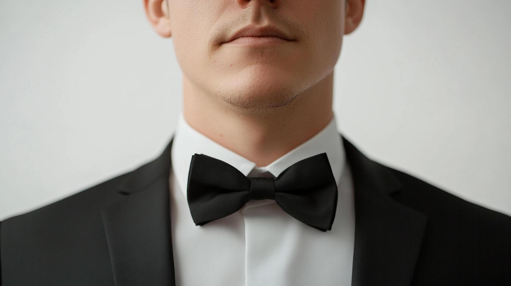 Close-up portrait of a person wearing a black tuxedo, bow tie, and white shirt against a neutral background. Classic formal attire. photo