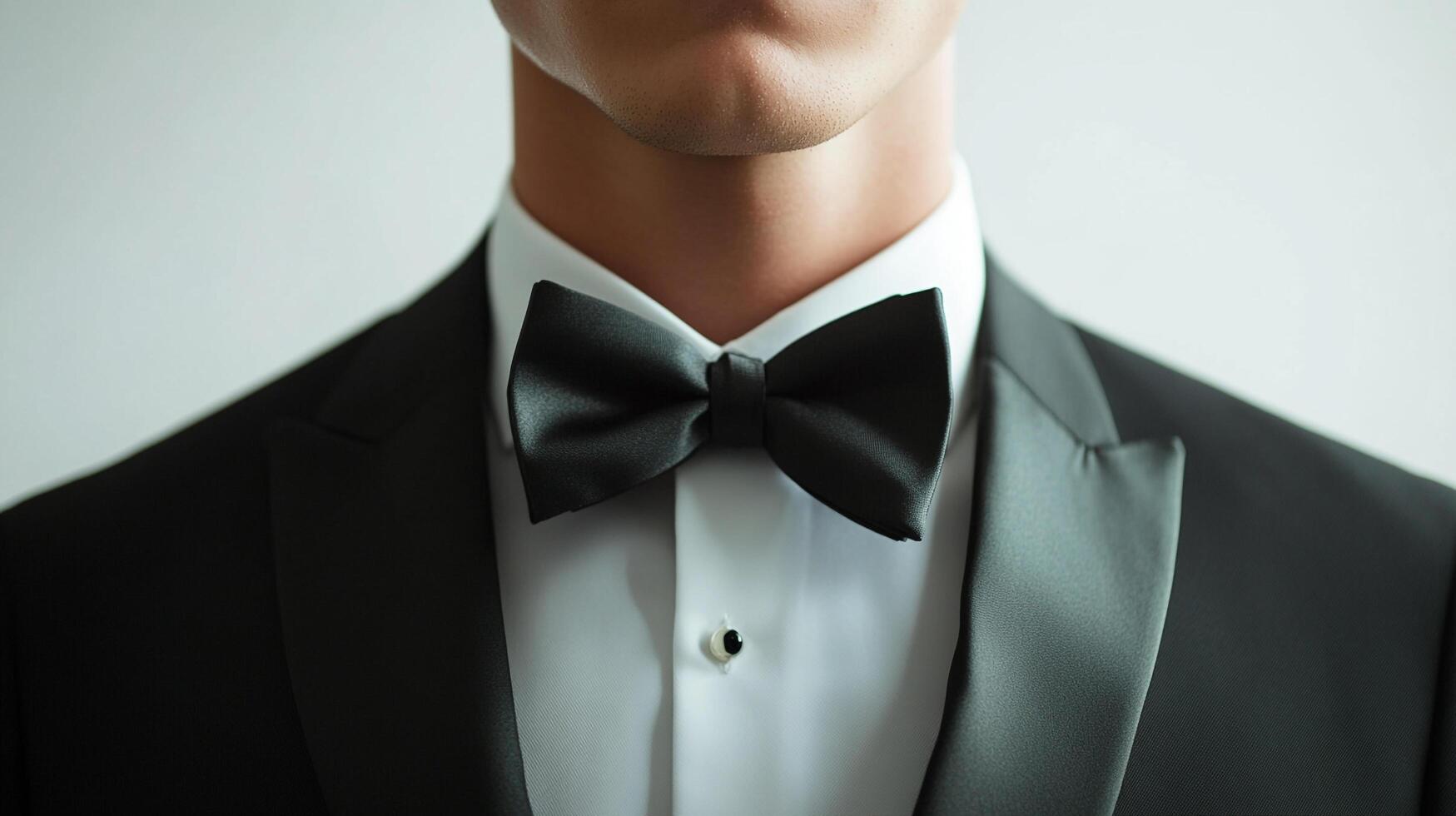A sophisticated closeup showcases a black bow tie, white collared shirt, and black suit, exuding elegance for formal events and celebrations. photo