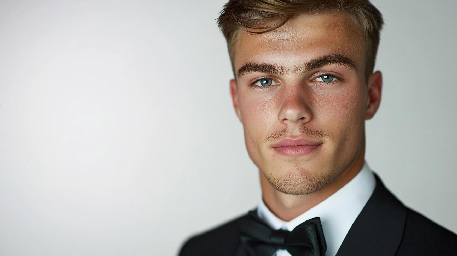 Portrait of a handsome man with short blond hair and light eyes. He is wearing a suit, and a bowtie against a plain background. photo